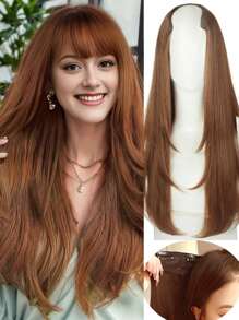 合成女士 V 形长发接发，合成假发，分层接发，蓬松顶垫可增加发量 - 黑棕色 - 查看 21