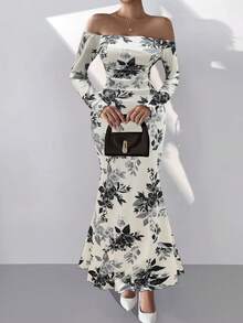 女士露肩长袖针织腰部收紧花卉印花褶皱紧身美人鱼连衣裙，优雅