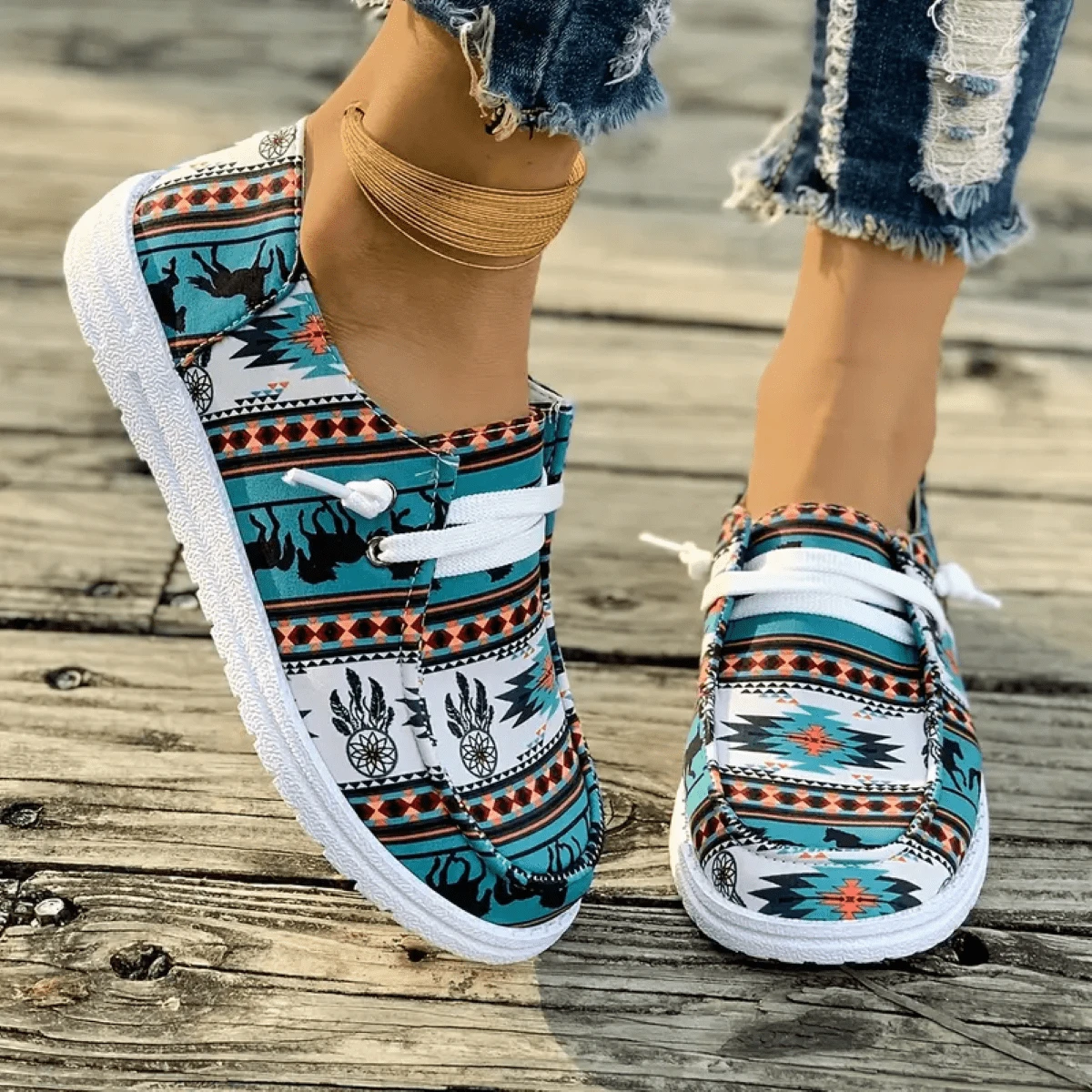 1 Pair Women Skateboard Shoes, Bohemian Tribal Pattern, Casual