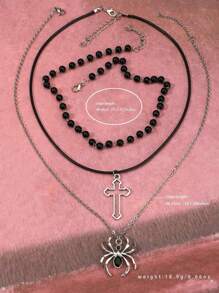 3入組復古哥德式黑色仿珍珠和鑽石裝飾的蜘蛛和項鍊珠寶套裝,適用於女性