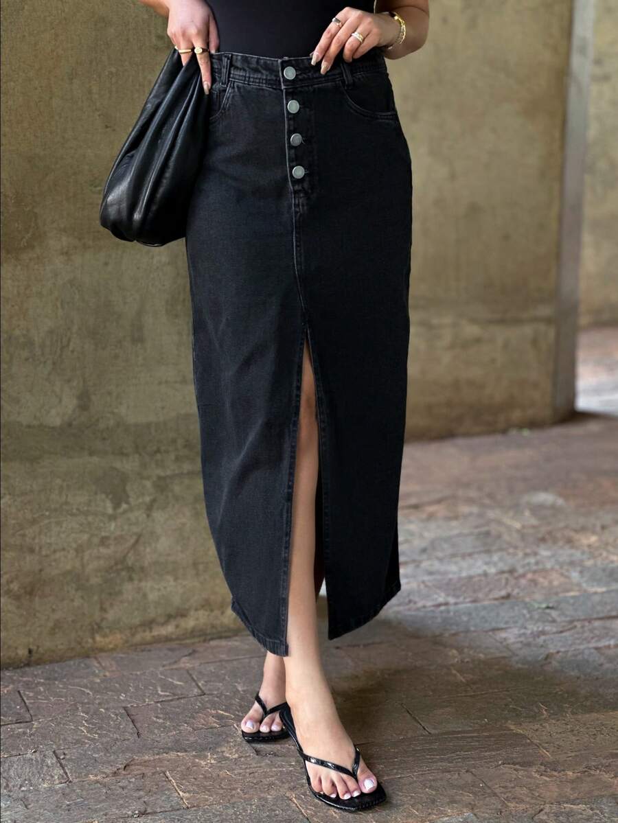 JANE FINE 8302 Women's Denim Skirt Long Skirt Thick Fabric Has Button 8302 - 黑色 - 查看 1