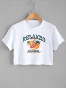 Basic Women's Cropped Top With Relaxed Orange Print, 100% Cotton - 白色 - 查看 2