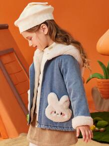 ASK JUNIOR Dziewczęca kurtka dżinsowa z długim rękawem i kapturem, puszysta, z motywem królika z kreskówek, zimowa