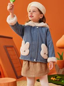 ASK JUNIOR Dziewczęca kurtka dżinsowa z długim rękawem i kapturem, puszysta, z motywem królika z kreskówek, zimowa
