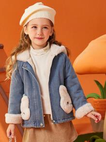 ASK JUNIOR Dziewczęca kurtka dżinsowa z długim rękawem i kapturem, puszysta, z motywem królika z kreskówek, zimowa