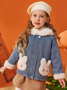 ASK JUNIOR Dziewczęca kurtka dżinsowa z długim rękawem i kapturem, puszysta, z motywem królika z kreskówek, zimowa