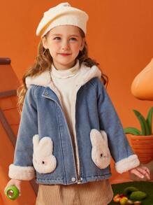 ASK JUNIOR Dziewczęca kurtka dżinsowa z długim rękawem i kapturem, puszysta, z motywem królika z kreskówek, zimowa