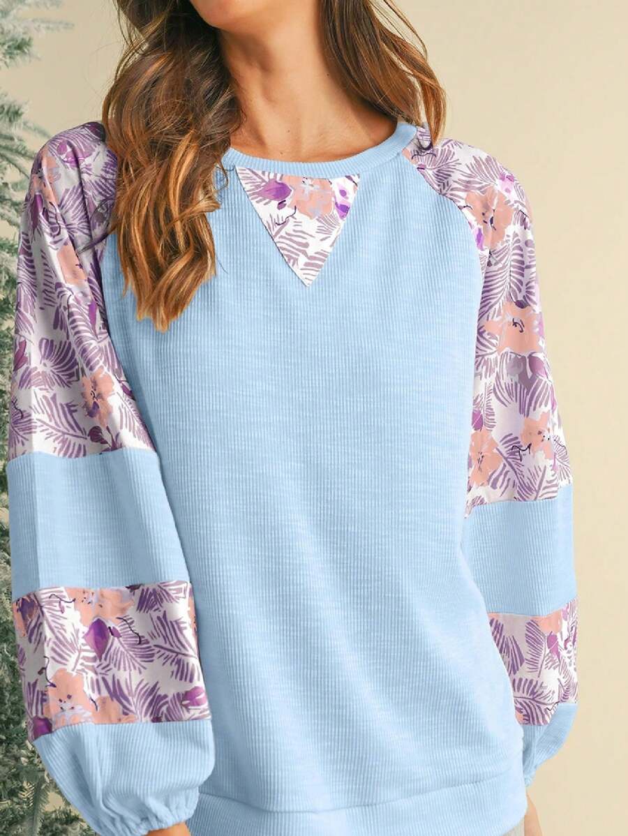 Boho Retro Vintage 60's Vibe Cream Cotton Raglan Lantern Bubble Puff Sleeve Floral Rib Patchwork Top Sweat Shirt Blouse - 藍色 - 查看 1