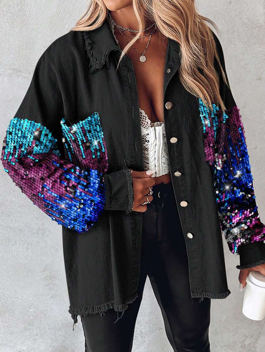 Casual Jacket Sequin Patchwork Long Sleeve Jacket Top Button Front Raw Hem Oversized Denim Shacket - Màu xanh lam - Xem 1