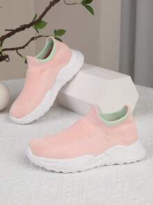 Giày thể thao lười dệt kim mềm mại cho bé gái, giày chạy bộ thể thao nhẹ cho trẻ em - Màu Hồng baby - Xem 6