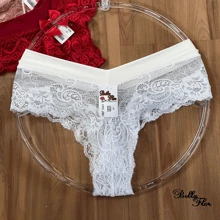 Kit 5 Calcinhas Tanga Barata Renda Trabalhada Forro em Algodão Bella Flor