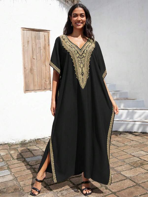 Black Embroidered V-Neck Dress Loose Casual House Dress Kaftan