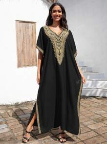 Vestido negro suelto estilo túnica con escote en V bordado, vestido casual para estar en casa