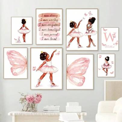 1pc Watercolor Ballet Girl Butterfly Wings Custom Name Wall Art Canvas Painting Poster Print Picture Girl Room Nursery Home Decoration Canvas, Optional Frame ,Wall Art With Frame