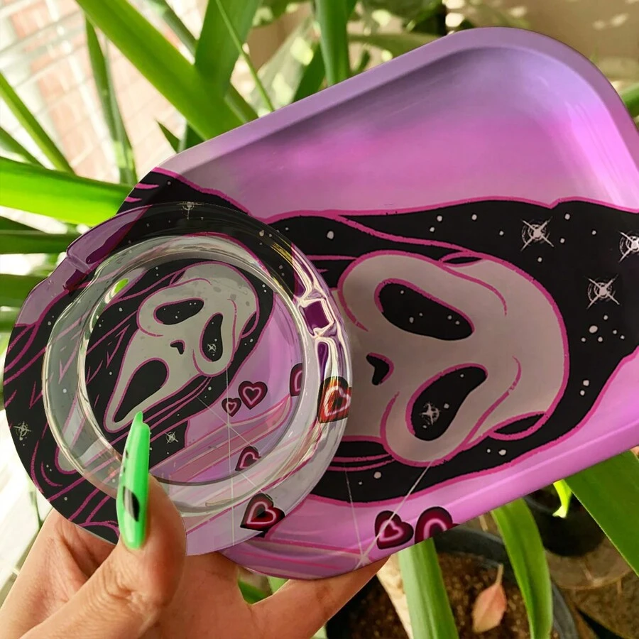 1 conjunto/2 peças de cinzeiro de vidro de desenho animado e conjunto de bandeja decorativa, 2 peças - Design de jardim de desenho animado, sem bateria, ideal para decoração de casa e presentes para meninos, corações de dia dos namorados, dia dos namorados feminino - Multicolorido - Ver 1