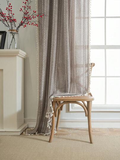 Bubaba 1pc Coffee-Colored Jacquard Blackout Curtain, Boho Nordic Knit Striped Hollow-Out Design For Bedroom Decor, Privacy Curtain Suitable For Kitchen, Bedroom, Dining Room, Living Room, Can Be Used For Seasonal Holiday Decor