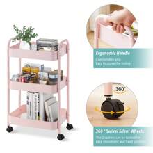 CLIPOP 3-Tier Storage Trolley Metal Rolling Utility Cart With Handle And Lockable Wheels, Mobile Serving Trolley For Kitchen Bathroom Bedroom Office Storage - Pink - View 5