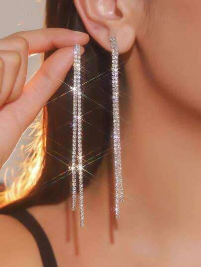 1pair Fully Studded Sparkling Crystal Rhinestone Long Tassel Earrings, Fashion Bejeweled Pendant Eardrops, Suitable For Gown And Party