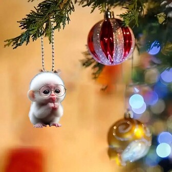 Festive Acrylic Keychain: Adorable Monkey With Glasses, Perfect For Christmas Tree Or Car Decor
