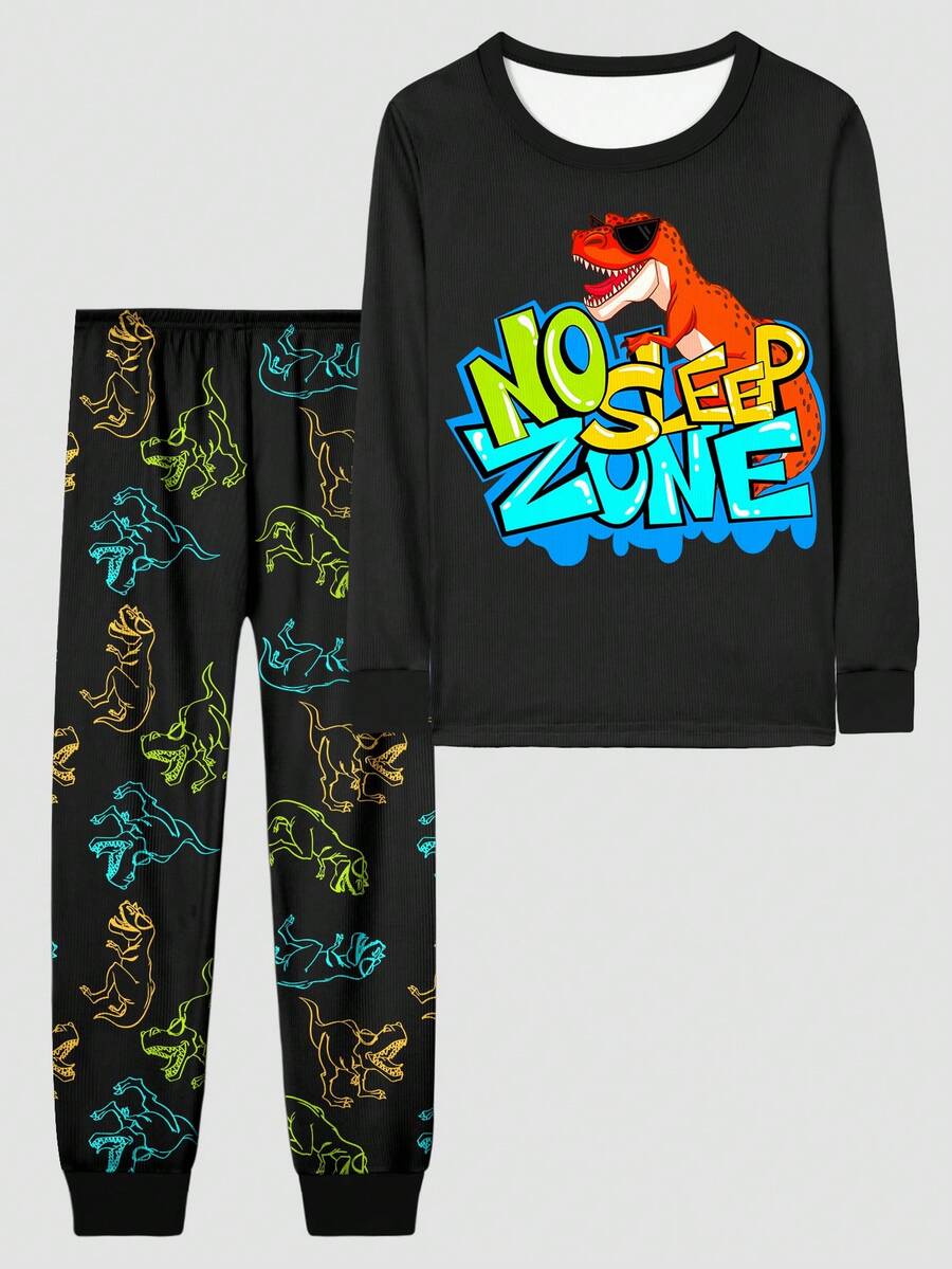 男童恐龙印花紧身长袖上衣和裤子睡衣套装，2 件/套