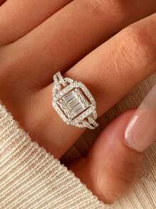 Novo anel quadrado vintage europeu com incrustações de diamantes e prata esterlina S925 banhado a platina, presente para mulheres, traje para festa e casamento, estilo caixa aleatória