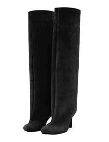 Knee High Boot Square Toe Kitten Heel Stiletto Heeled Boots For Woman Black Suede Wide Calf Long Boots Heeled Slouchy Formal Shoes Winter Tall Boots For Women - 黑色麂皮 - 查看 1
