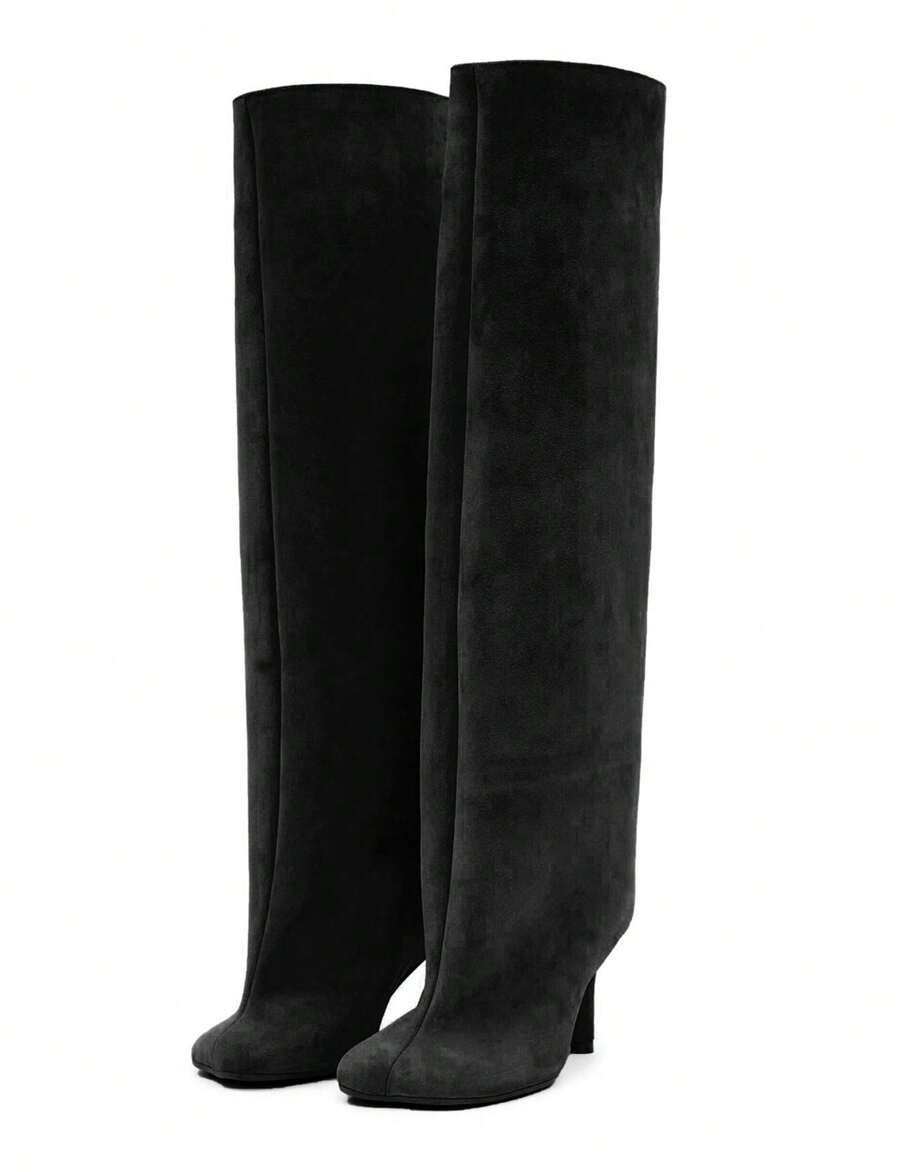 Knee High Boot Square Toe Kitten Heel Stiletto Heeled Boots For Woman Black Suede Wide Calf Long Boots Heeled Slouchy Formal Shoes Winter Tall Boots For Women - 黑色麂皮 - 查看 1