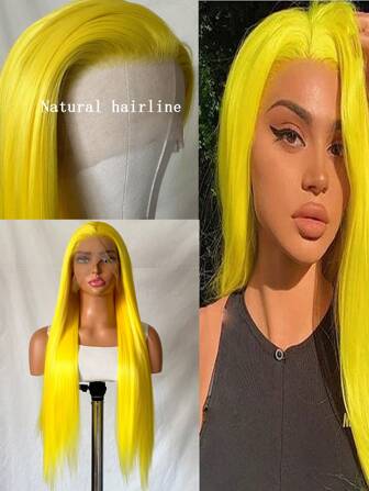 13*4 Long Straight Synthetic Lace Front Wig, Hairline Pre-Plucked Natural-Looking Heat Resistant Fiber Wig, Suitable For Fashionable Women (Yellow)