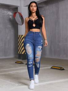 Women's Skinny Ripped Jeans Slim Fit High Waist Sexy Women Denim Jeans,Ladies Pocket,Ripped,Zipper High Waist Skinny Long Light Wash Cotton Skinny Women Jeans,Spring/Fall,Casual Daily Wear