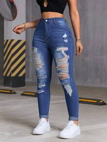 Women's Skinny Ripped Jeans Slim Fit High Waist Sexy Women Denim Jeans,Ladies Pocket,Ripped,Zipper High Waist Skinny Long Light Wash Cotton Skinny Women Jeans,Spring/Fall,Casual Daily Wear