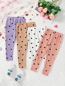 4件套年轻女孩休闲可爱心形印花蝴蝶结罗纹针织打底裤 - 彩色 - 查看 2