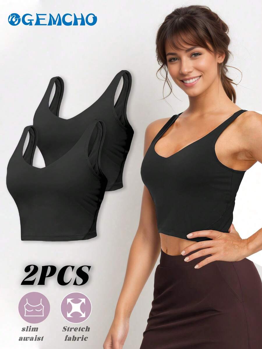GEMCHO 2件装女士运动文胸，长款无钢圈加厚中等支撑健身吊带 - 黑色 - 查看 1