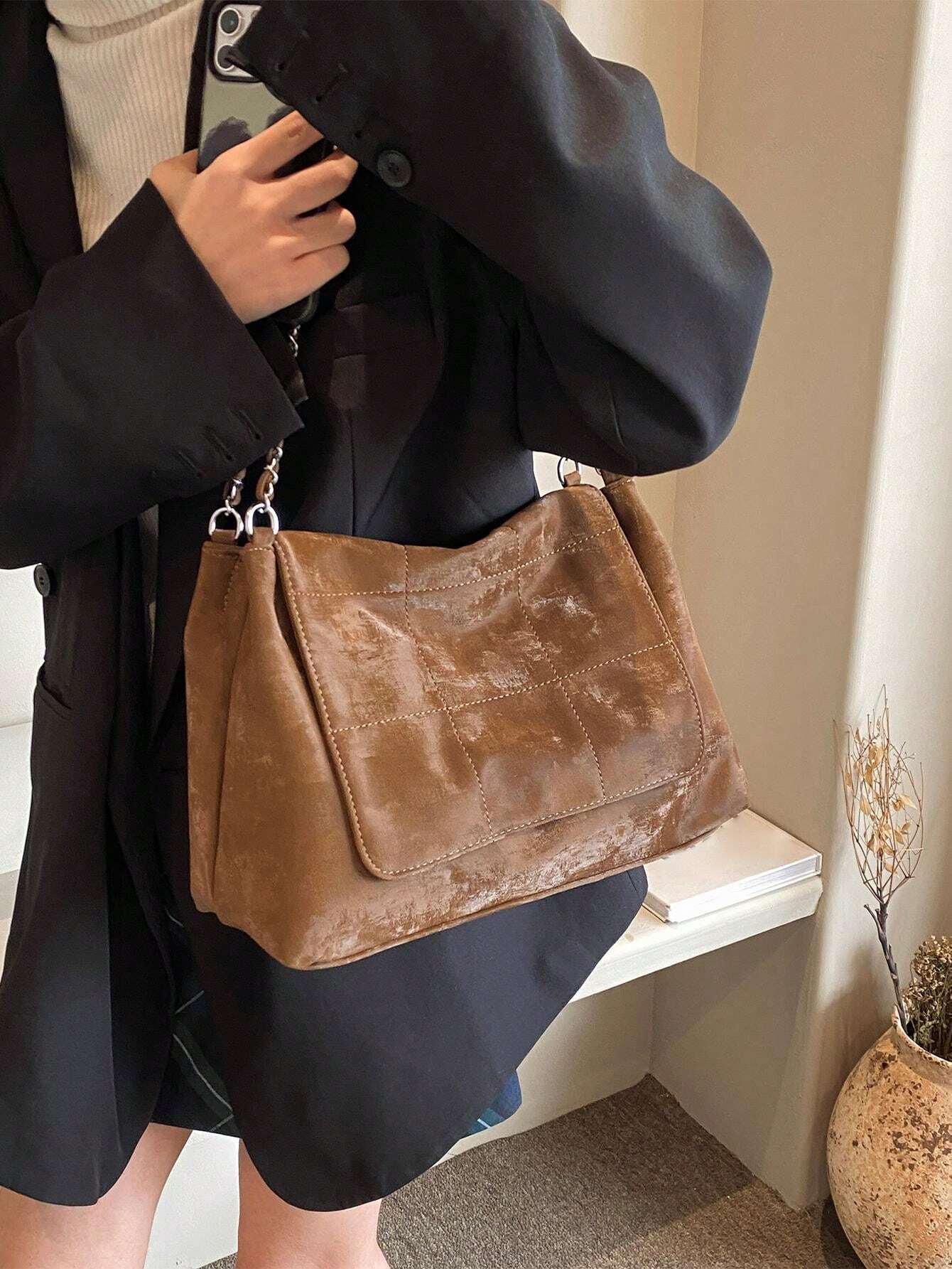 1 Pc Coffee Brown Square Embroidery Line Quilted Suede Material Large