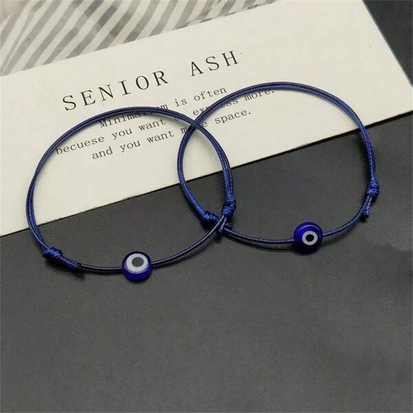 Set de 2 pulseras ajustables con ojo turco del mal, amuleto de la suerte de cuerda de cera coreana