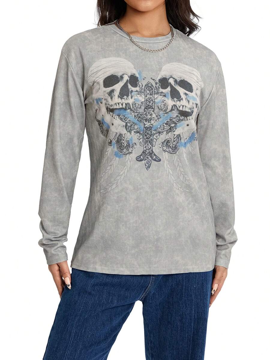 Women  T-Shirt, Halloween Skulls Cross Print Round Neck Long Sleeve Relax Fit Casual Tops For Females, Gray - Grey - View 1