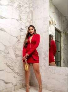 Tailored Set Blazer Long Sleeve With Zipper V-Neck With Short Tailored Skirt Social Media Modern Elegant Businesswoman Executive Beautiful Promotion - Đỏ - Xem 2
