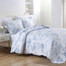 3PCS White Blue Plant Print Quilt Set Bedspread Cover Polyester Soft And Lightweight, With Two Pillowcases, Queen/KingSizs, Machine Washable, All Season - Baby Blue - View 3