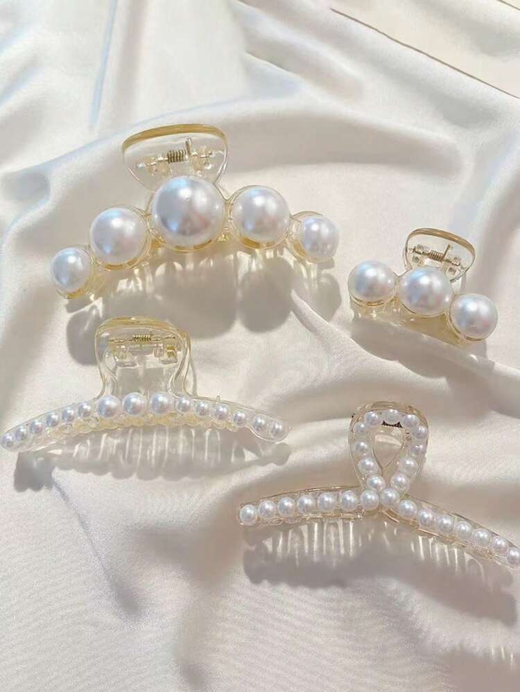 4 peças de decoração de pérolas falsas femininas elegantes garras de cabelo para festa - Branco - Ver 7