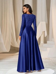 Faeriesty Plunging Neck Sequin Bodice Contrast Satin Hem Formal Dress - Royal Blue - View 3