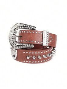 Thắt lưng cao bồi đính đá đầu lâu Punk trang trí Halloween, thắt lưng hợp kim kẽm phong cách đường phố thời trang Unisex cho quần jean, bốn mùa - màu nâu - Xem 12