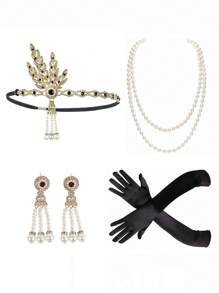 4pcs 1920s Flapper Gatsby Costume Accessories Set 20s Flapper Feather Headband 20s Sequin Shawl Vintage Faux Pearl Necklace Gloves Rhinestone Earrings Party Headpiece For Women Prom