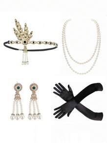 4pcs 1920s Flapper Gatsby Costume Accessories Set 20s Flapper Feather Headband 20s Sequin Shawl Vintage Faux Pearl Necklace Gloves Rhinestone Earrings Party Headpiece For Women Prom
