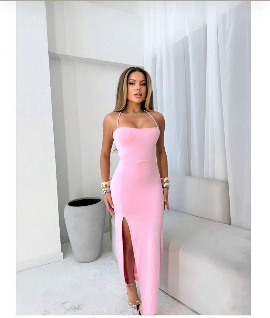 Women's Long Strapless Dress With Bare Back, Braided, Butt-Lifting, With Elegant Slit For A Party - Baby Pink - View 1
