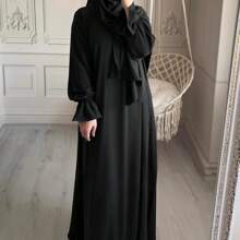 New Solid Color Flare Sleeve Fitted Modest Long Sleeve Dress - Black - View 1