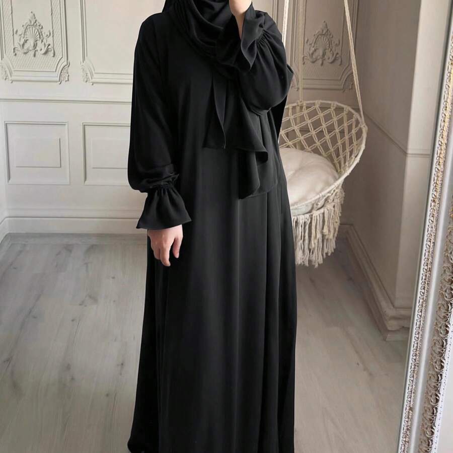 New Solid Color Flare Sleeve Fitted Modest Long Sleeve Dress - Black - View 1