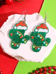1 对圣诞节趣味个性化趣味时尚可爱卡通闪亮彩色圣诞帽和仙人掌亚克力耳环，女士节日派对珠宝 - 彩色 - 查看 4