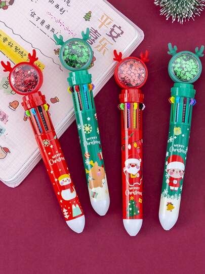 1pc/5pcs Creative Cartoon Reindeer Santa Colorful Pens - 10-Color Click Pens, Perfect For Christmas Gifts, Prizes, And Stationery , Back To School Gifts