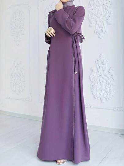 Rhinestone Embellished Modest Dress, Women Casual Long Sleeve High Neck Solid Color Dress