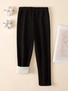Young Girls Thermal Lined Heart Print Elastic Waist Warm Leggings - Black - View 2
