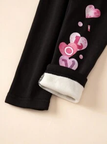 Young Girls Thermal Lined Heart Print Elastic Waist Warm Leggings - Black - View 5